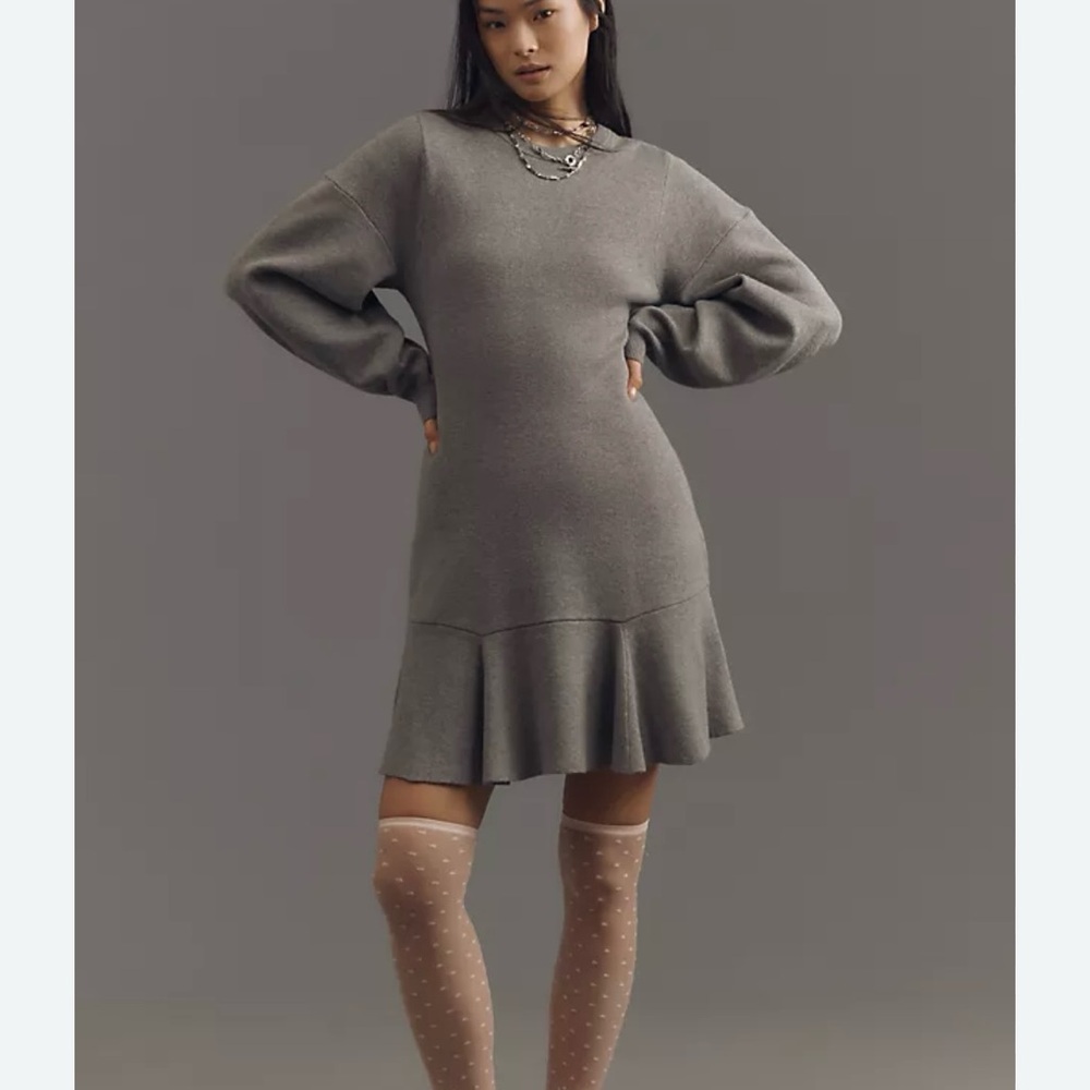 Anthropologie gray knit ruffle hem short dress